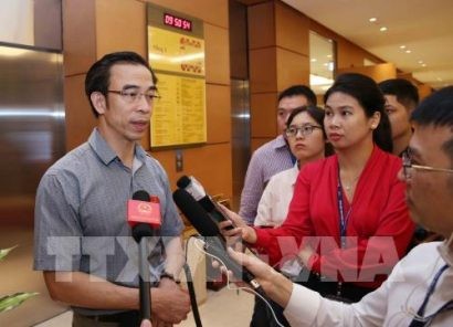 Đại biểu Quốc hội thành phố Hà Nội Nguyễn Quang Tuấn trả lời phỏng vấn báo chí bên lề phiên họp. Ảnh: Phương Hoa - TTXVN 